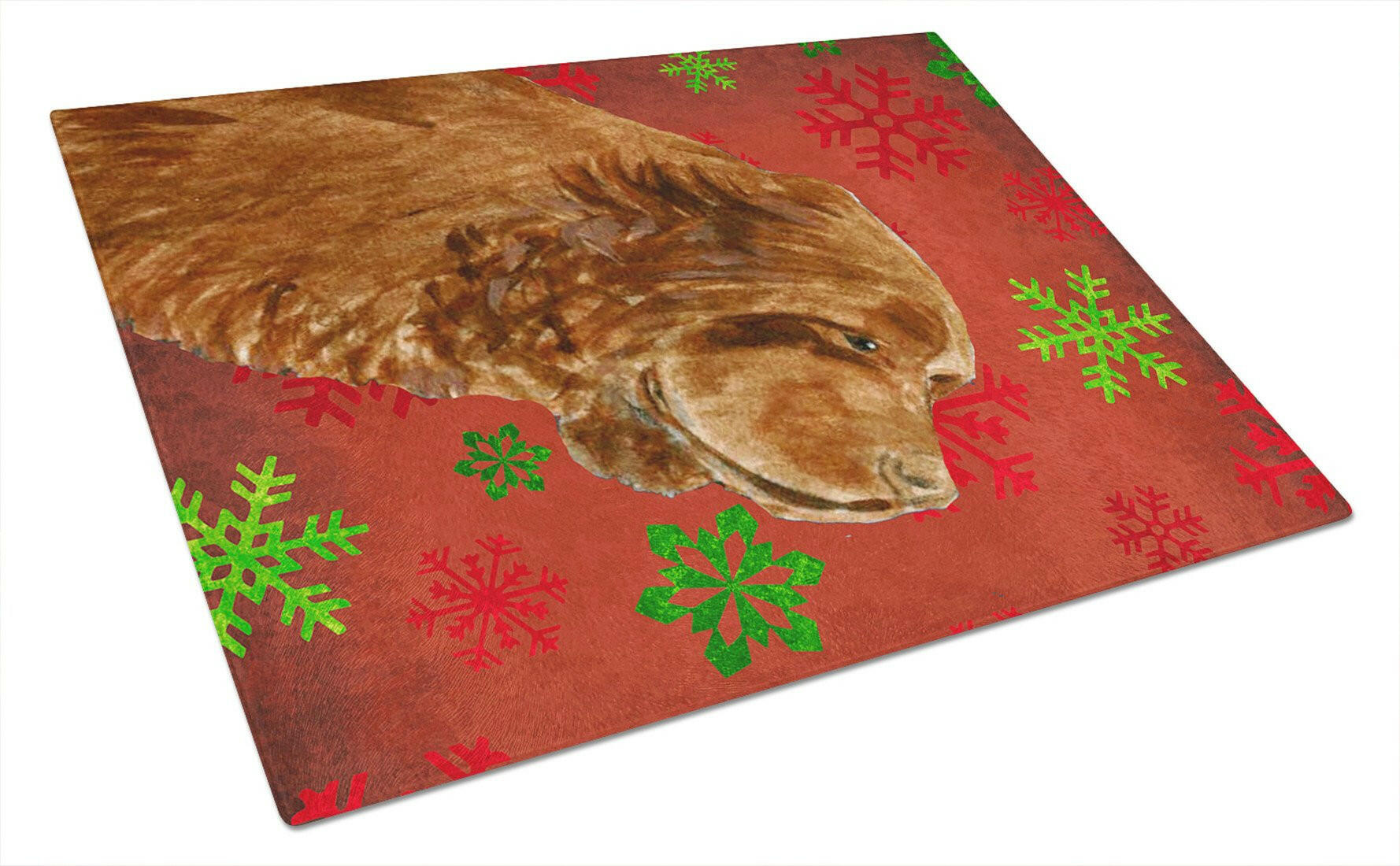 Sussex Spaniel Red Green Snowflake Holiday Christmas Cutting Board Tempered Glass Kitchen Cutting Surface, Heat Resistant Chopping, Non-Slip Feet, Food Prep & Serving