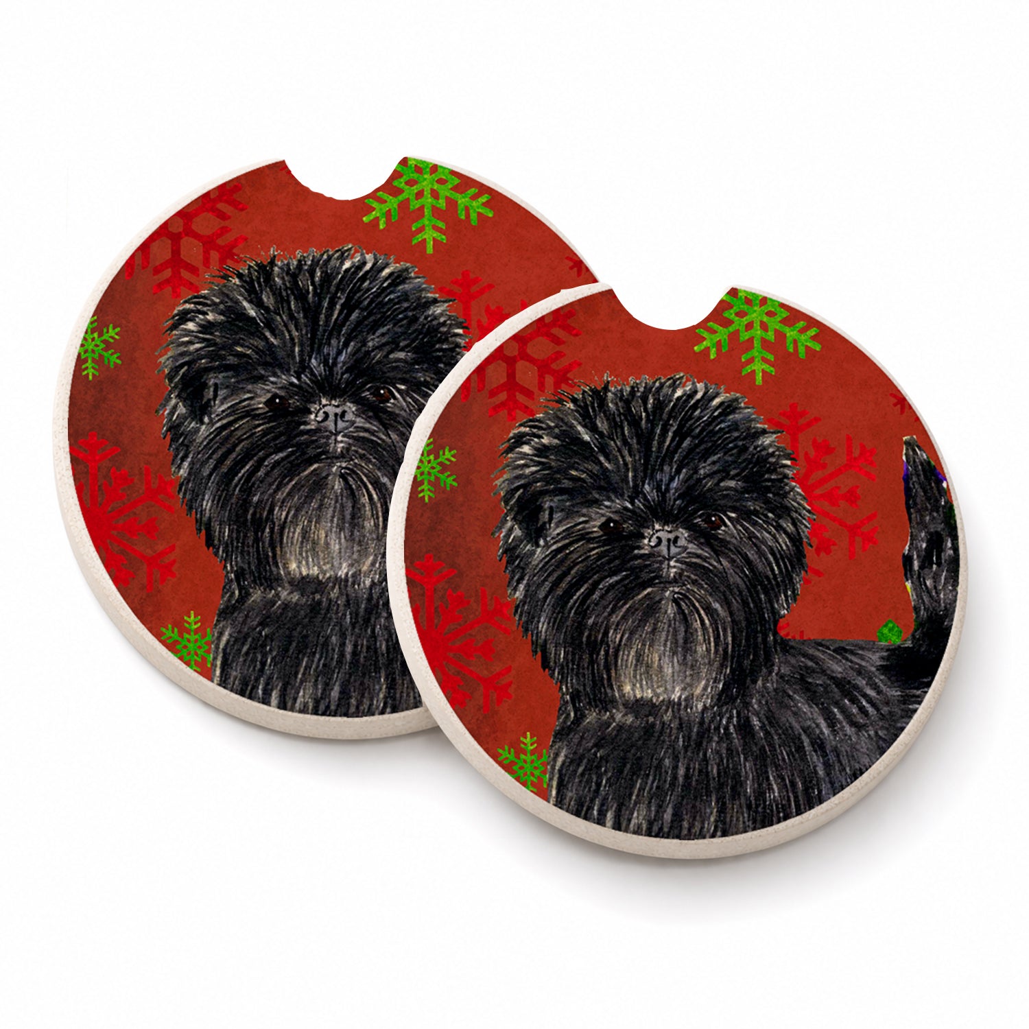 Affenpinscher Red Green Snowflakes Christmas Set of 2 Cup Holder Car Coasters Absorbent Round Sandstone Coasters Gifts for Men or Women, 2.5, Multicolor