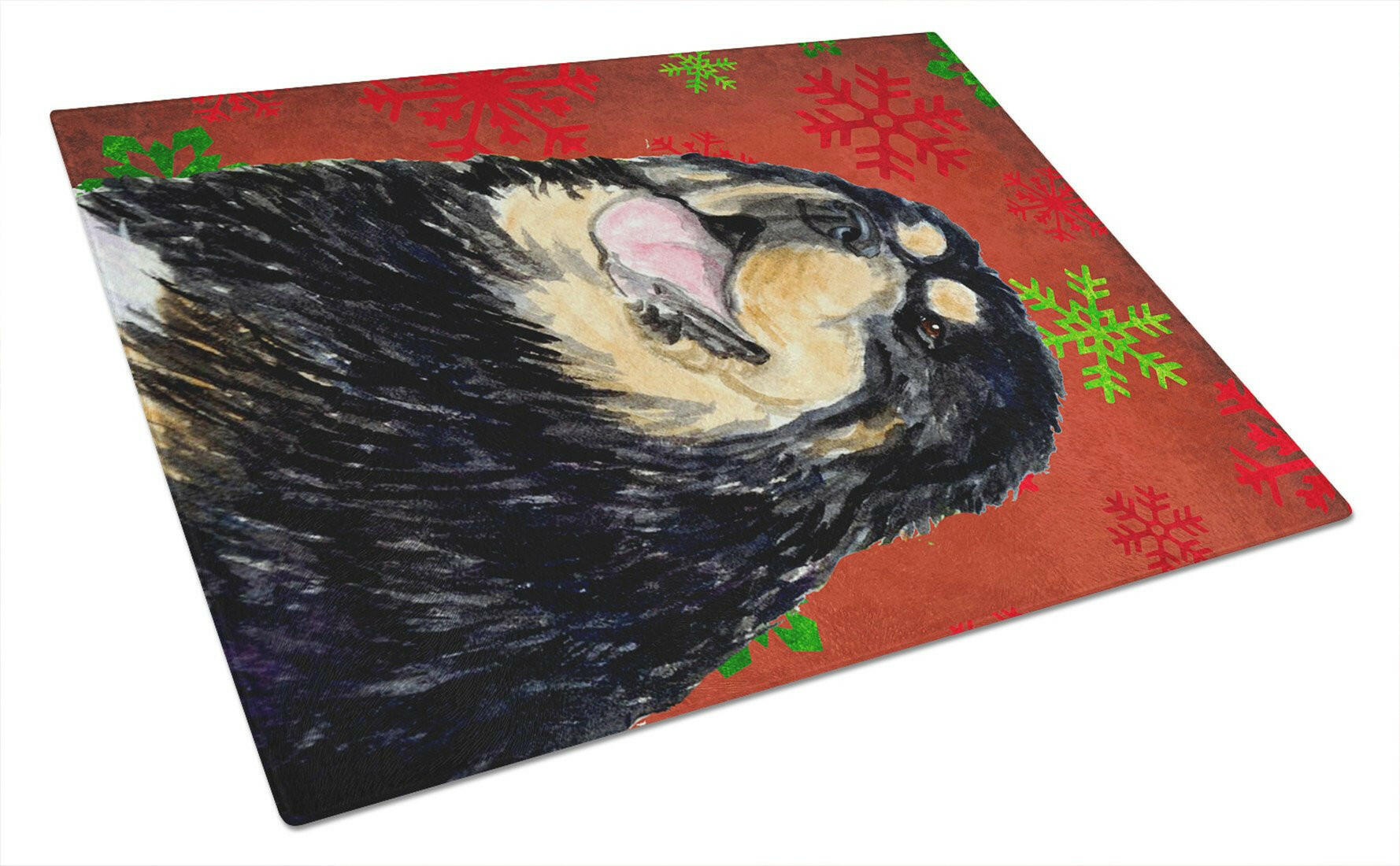 Tibetan Mastiff Red Green Snowflake Christmas Cutting Board Tempered Glass Kitchen Cutting Surface, Heat Resistant Chopping, Non-Slip Feet, Food Prep & Serving