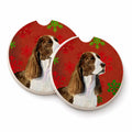 Springer Spaniel Red and Green Snowflakes Holiday Christmas Set of 2 Cup Holder Car Coasters Absorbent Round Sandstone Coasters Gifts for Men or Women, 2.5, Multicolor