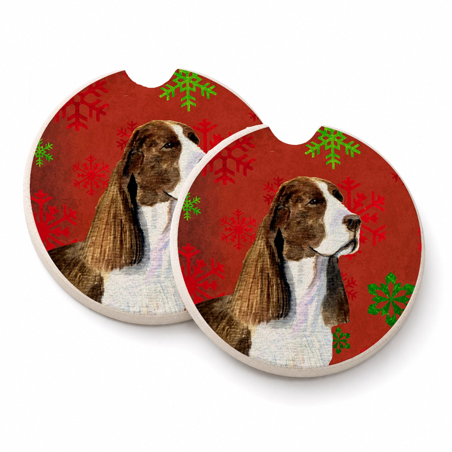 Springer Spaniel Red and Green Snowflakes Holiday Christmas Set of 2 Cup Holder Car Coasters Absorbent Round Sandstone Coasters Gifts for Men or Women, 2.5, Multicolor
