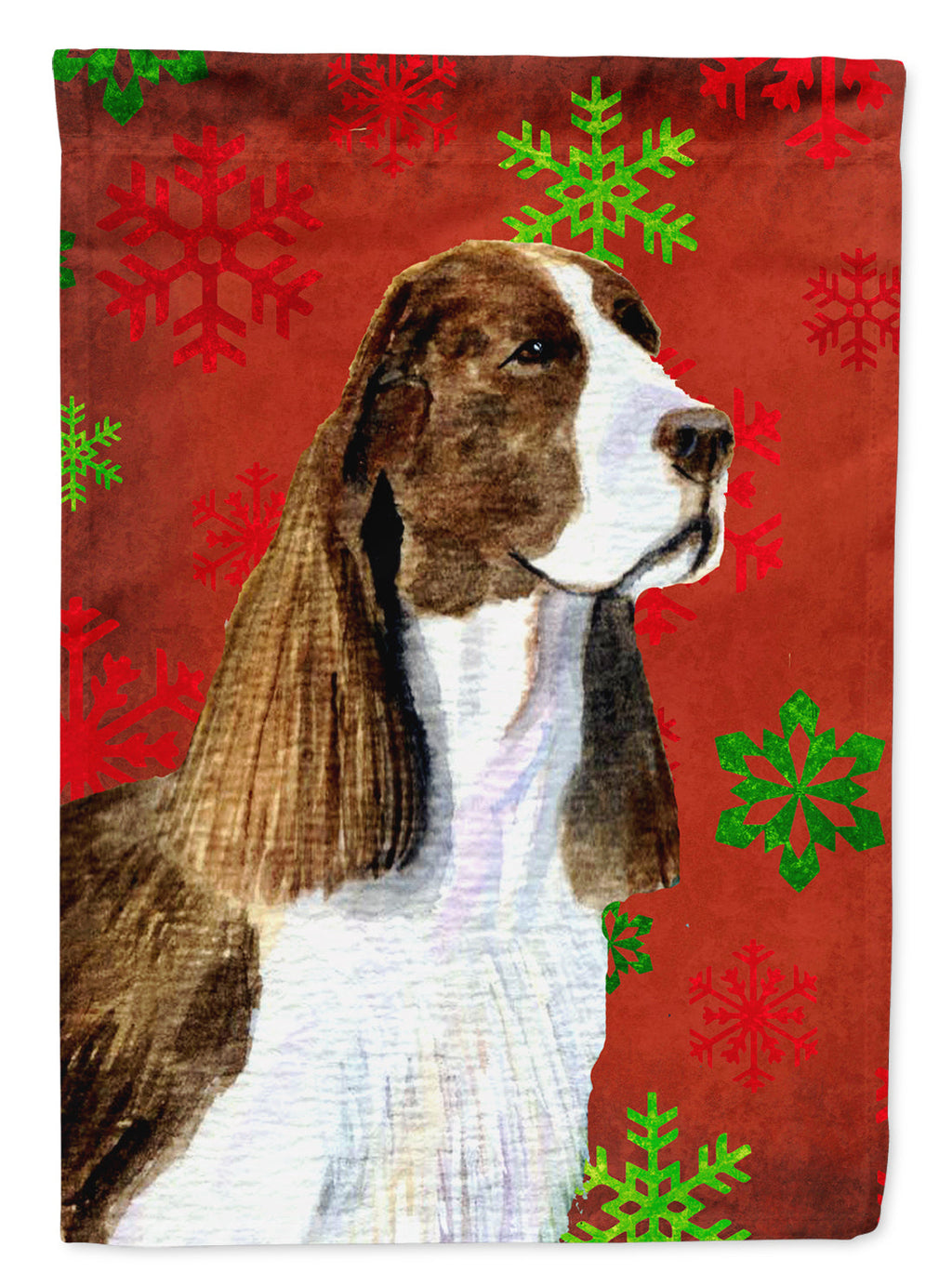 Springer Spaniel Red and Green Snowflakes Holiday Christmas House Flag 28x40 Porch Sleeve Pole Decorative Outside Yard Banner Artwork Wall Hanging, Polyester