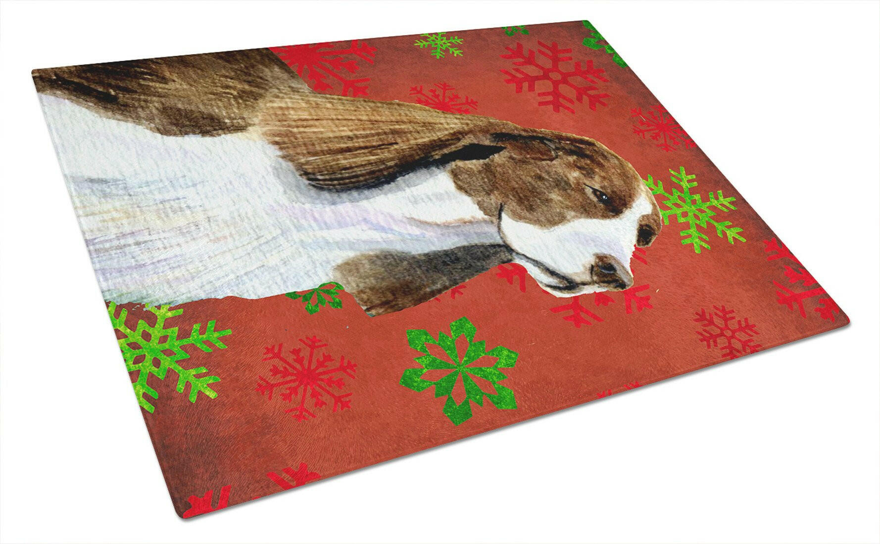 Springer Spaniel Red and Green Snowflakes Holiday Christmas Cutting Board Tempered Glass Kitchen Cutting Surface, Heat Resistant Chopping, Non-Slip Feet, Food Prep & Serving