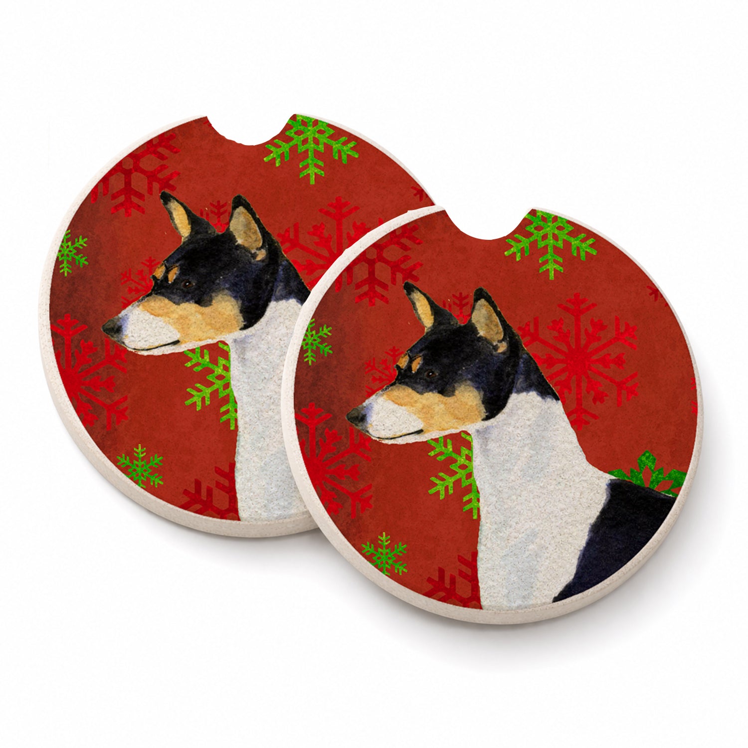 Basenji Red and Green Snowflakes Holiday Christmas Set of 2 Cup Holder Car Coasters Absorbent Round Sandstone Coasters Gifts for Men or Women, 2.5, Multicolor