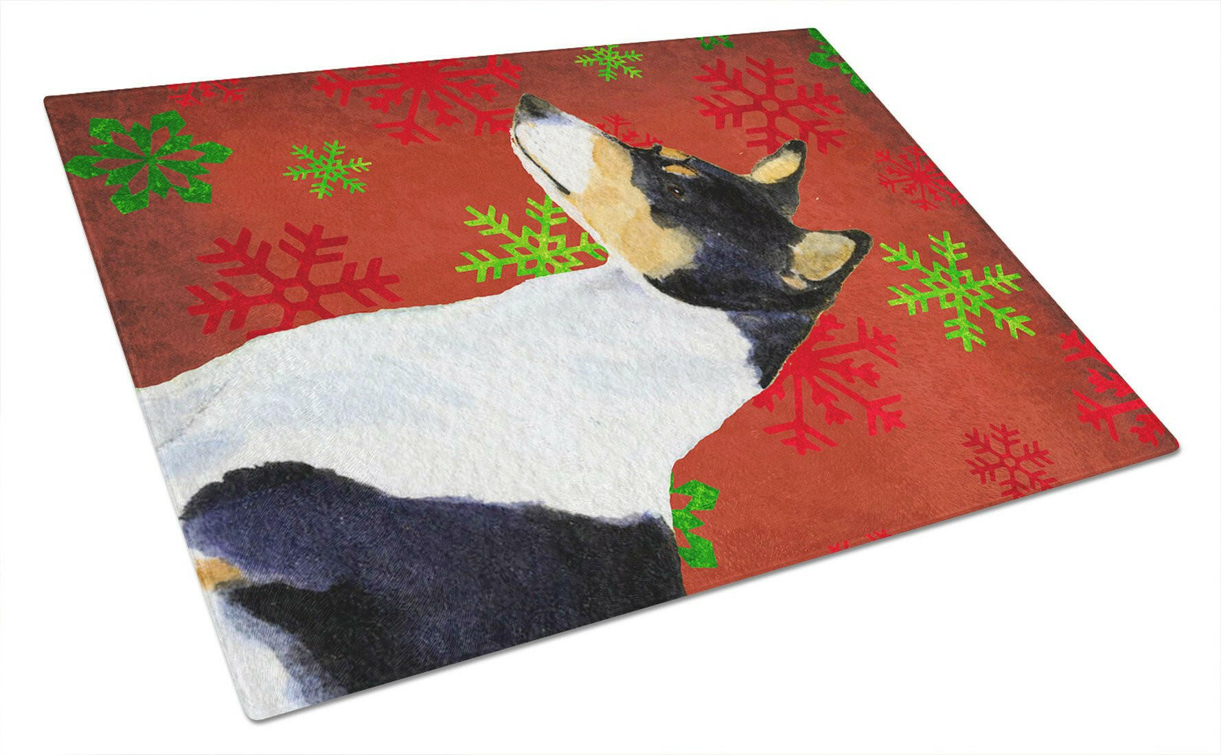 Basenji Red and Green Snowflakes Holiday Christmas Cutting Board Tempered Glass Kitchen Cutting Surface, Heat Resistant Chopping, Non-Slip Feet, Food Prep & Serving