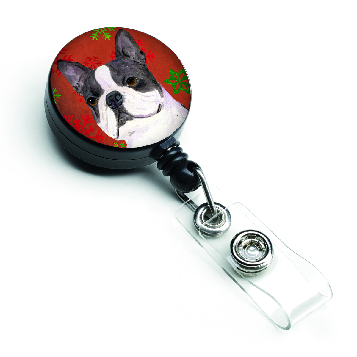 Boston Terrier Red Green Snowflakes Christmas Retractable Badge Reel for Nurses ID Badge Holder with Clip Retractable Employee Badge Holder, Belt Clip
