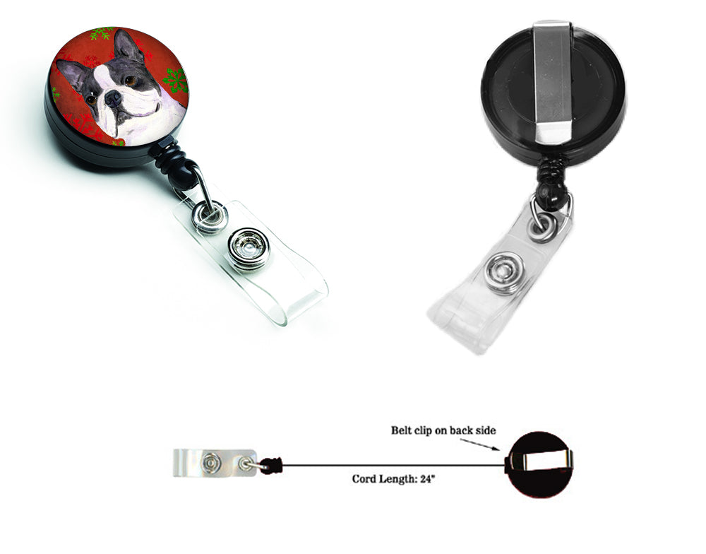 Boston Terrier Red Green Snowflakes Christmas Retractable Badge Reel for Nurses ID Badge Holder with Clip Retractable Employee Badge Holder, Belt Clip