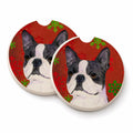 Boston Terrier Red Green Snowflakes Christmas Set of 2 Cup Holder Car Coasters Absorbent Round Sandstone Coasters Gifts for Men or Women, 2.5, Multicolor