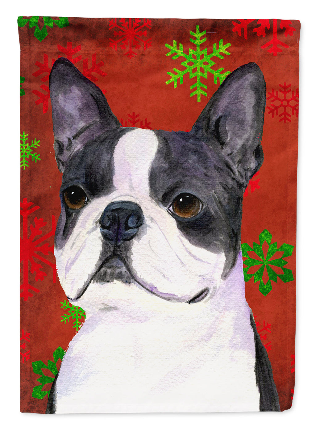 Boston Terrier Red Green Snowflakes Christmas House Flag 28x40 Porch Sleeve Pole Decorative Outside Yard Banner Artwork Wall Hanging, Polyester