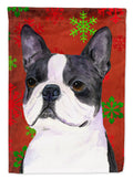 Boston Terrier Red Green Snowflakes Christmas House Flag 28x40 Porch Sleeve Pole Decorative Outside Yard Banner Artwork Wall Hanging, Polyester