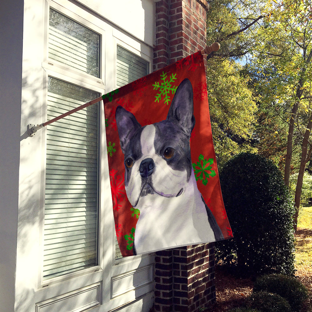 Boston Terrier Red Green Snowflakes Christmas House Flag 28x40 Porch Sleeve Pole Decorative Outside Yard Banner Artwork Wall Hanging, Polyester