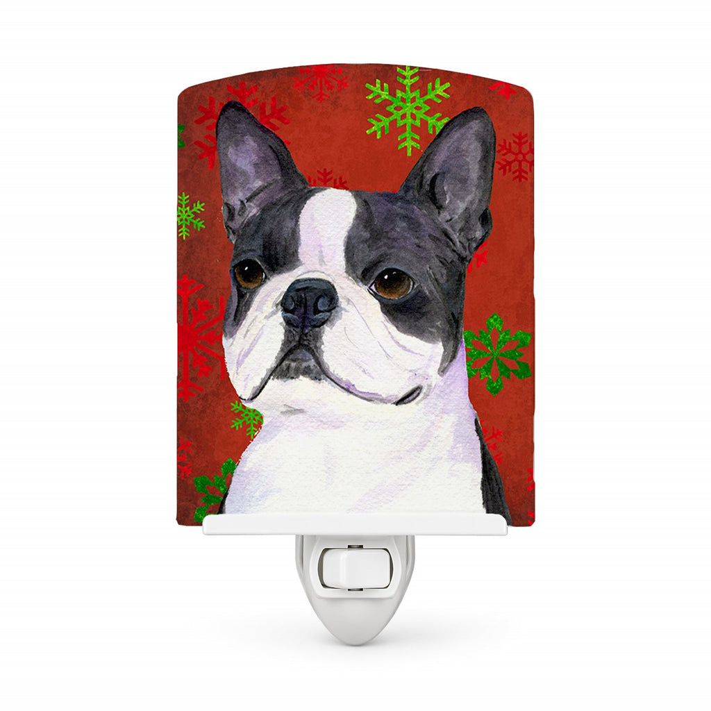 Boston Terrier Red Green Snowflakes Christmas Ceramic Night Light Compact, UL-Certified, Ideal for Bedroom, Bathroom, Nursery, Hallway, Kitchen, 6x4x3, Multicolor