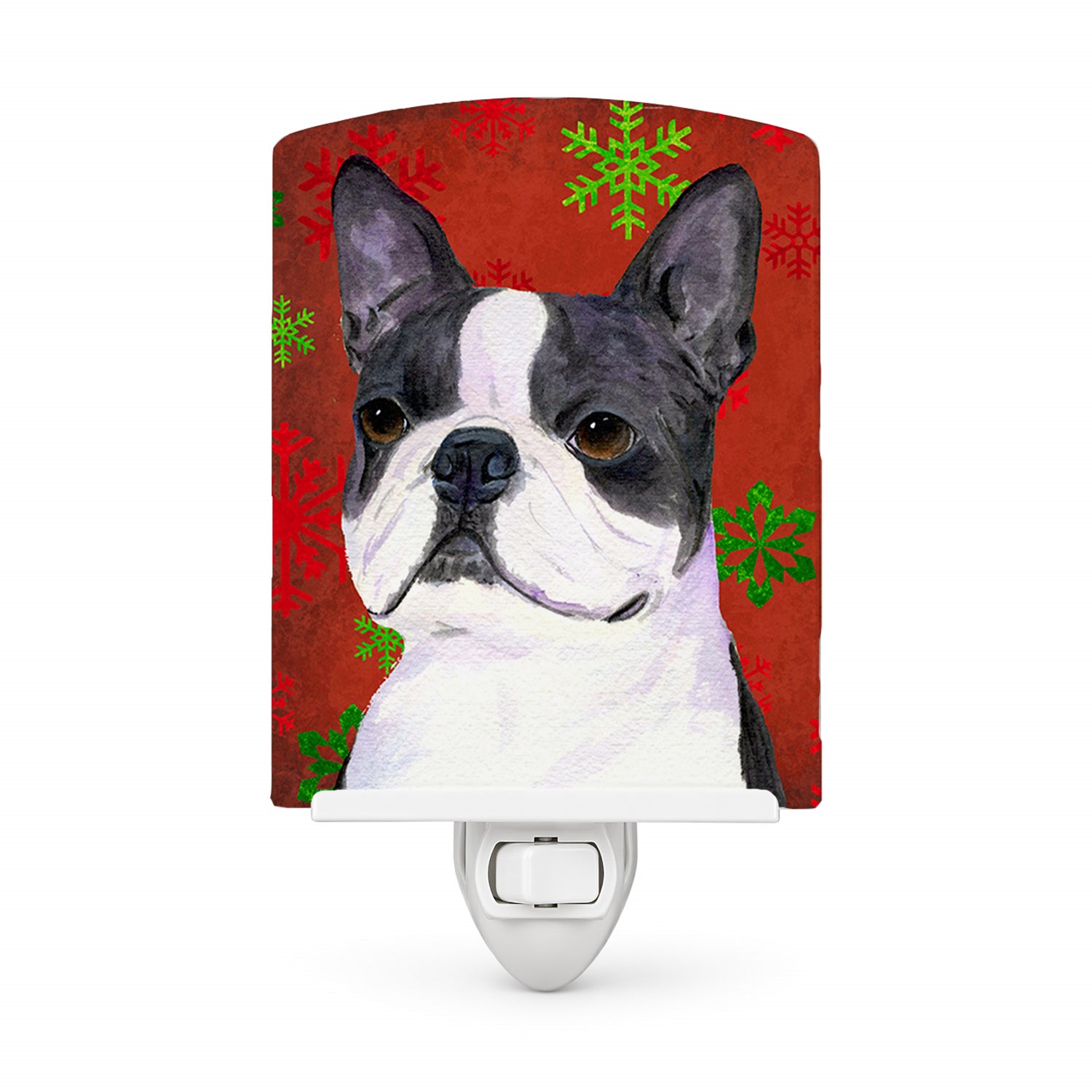 Boston Terrier Red Green Snowflakes Christmas Ceramic Night Light Compact, UL-Certified, Ideal for Bedroom, Bathroom, Nursery, Hallway, Kitchen, 6x4x3, Multicolor