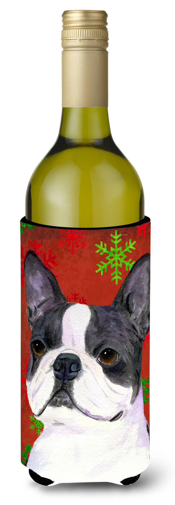 Boston Terrier Red Green Snowflakes Christmas Wine Bottle Hugger Gift Sleeve for Standard 750 ml Bottles, Insulated Reusable Also Fits Mini Shot & Pint Bottles