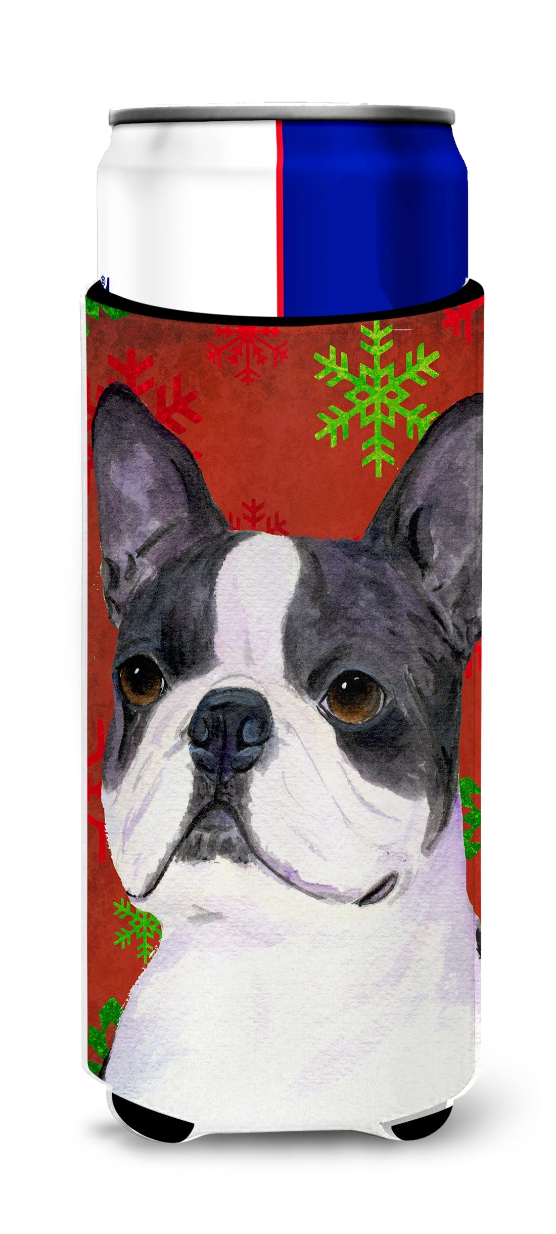 Boston Terrier Red Green Snowflakes Christmas Slim Can Hugger , Insulated Foam Hugger for 12 oz Slim Cans, Beer Bottles & Water Bottles, Printed in USA
