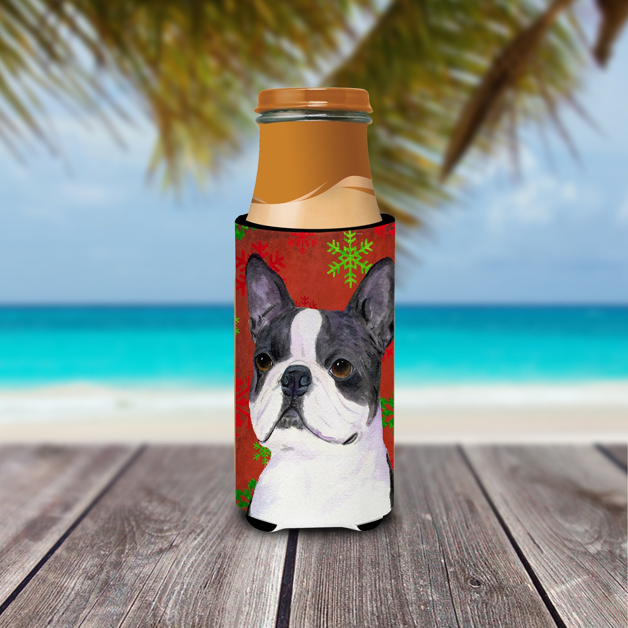 Boston Terrier Red Green Snowflakes Christmas Slim Can Hugger , Insulated Foam Hugger for 12 oz Slim Cans, Beer Bottles & Water Bottles, Printed in USA