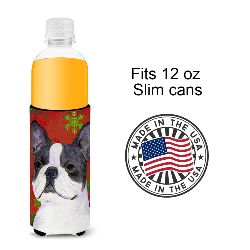Boston Terrier Red Green Snowflakes Christmas Slim Can Hugger , Insulated Foam Hugger for 12 oz Slim Cans, Beer Bottles & Water Bottles, Printed in USA
