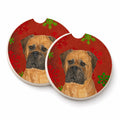 Bullmastiff Red and Green Snowflakes Holiday Christmas Set of 2 Cup Holder Car Coasters Absorbent Round Sandstone Coasters Gifts for Men or Women, 2.5, Multicolor