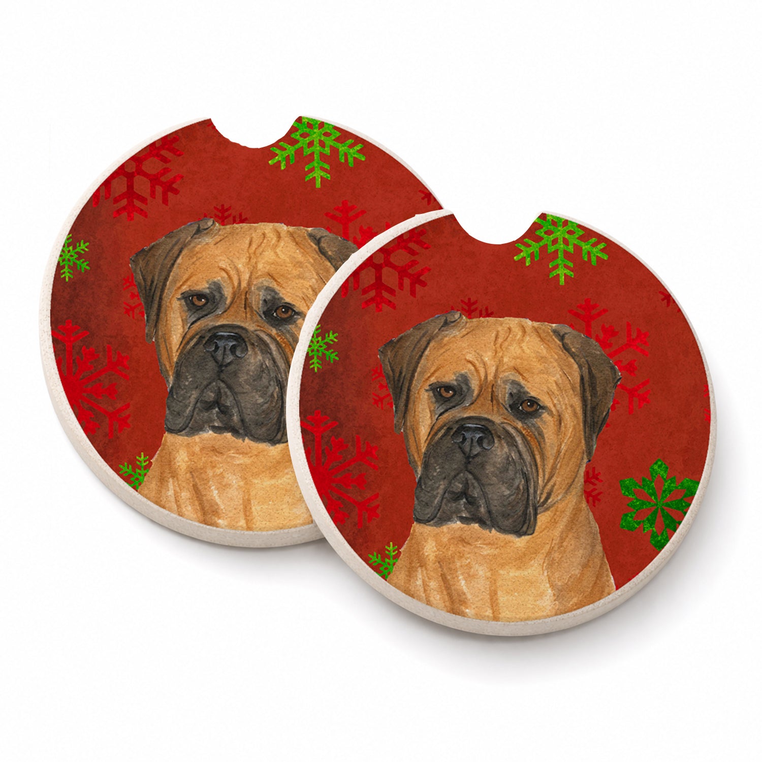 Bullmastiff Red and Green Snowflakes Holiday Christmas Set of 2 Cup Holder Car Coasters Absorbent Round Sandstone Coasters Gifts for Men or Women, 2.5, Multicolor