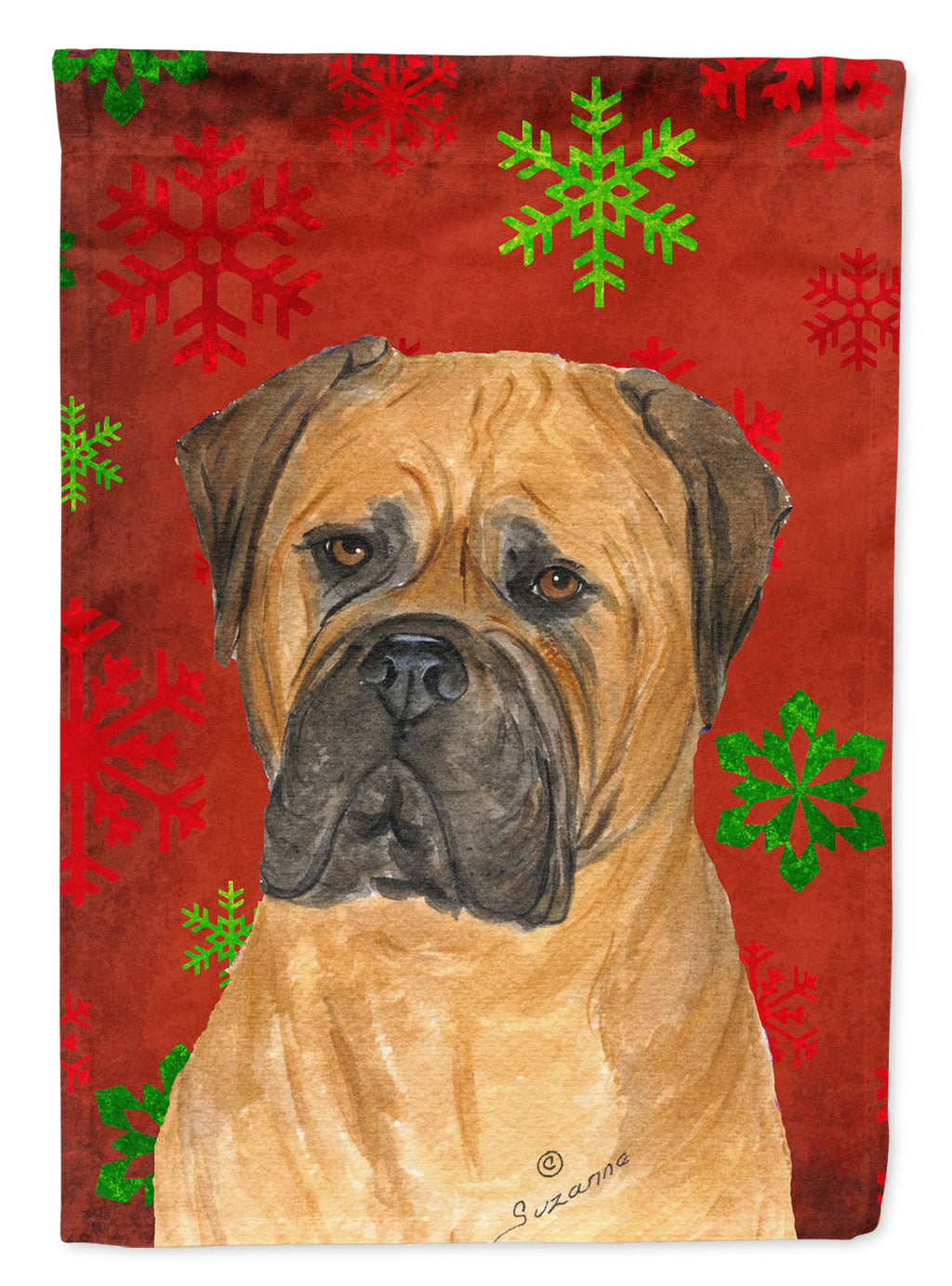 Bullmastiff Red and Green Snowflakes Holiday Christmas House Flag 28x40 Porch Sleeve Pole Decorative Outside Yard Banner Artwork Wall Hanging, Polyester