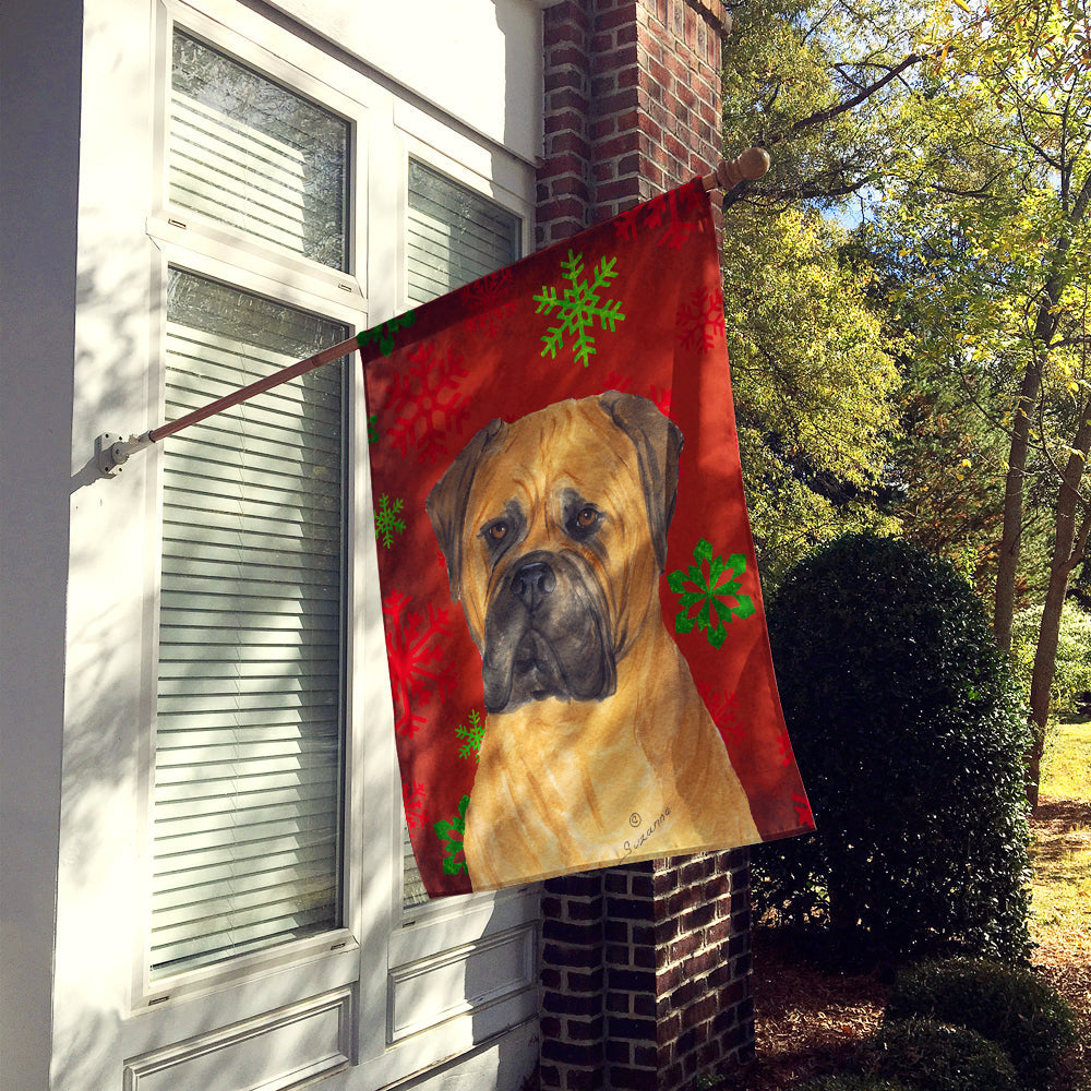 Bullmastiff Red and Green Snowflakes Holiday Christmas House Flag 28x40 Porch Sleeve Pole Decorative Outside Yard Banner Artwork Wall Hanging, Polyester