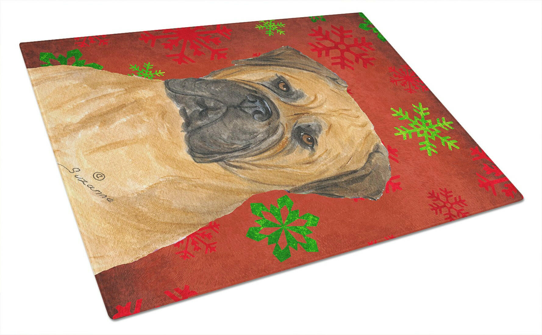Bullmastiff Red and Green Snowflakes Holiday Christmas Cutting Board Tempered Glass Kitchen Cutting Surface, Heat Resistant Chopping, Non-Slip Feet, Food Prep & Serving