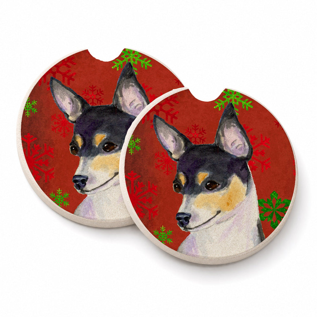 Chihuahua Red and Green Snowflakes Holiday Christmas Set of 2 Cup Holder Car Coasters Absorbent Round Sandstone Coasters Gifts for Men or Women, 2.5, Multicolor