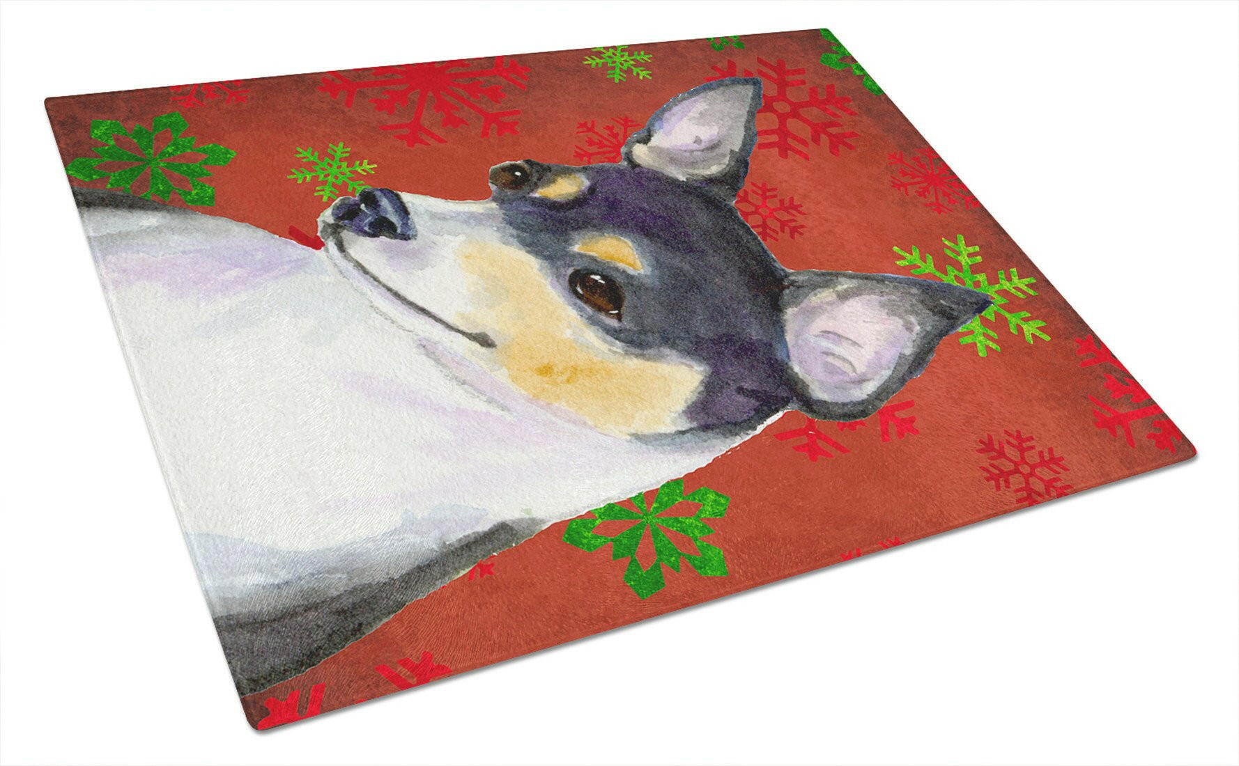 Chihuahua Red and Green Snowflakes Holiday Christmas Cutting Board Tempered Glass Kitchen Cutting Surface, Heat Resistant Chopping, Non-Slip Feet, Food Prep & Serving