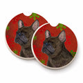 French Bulldog Red and Green Snowflakes Holiday Christmas Set of 2 Cup Holder Car Coasters Absorbent Round Sandstone Coasters Gifts for Men or Women, 2.5, Multicolor