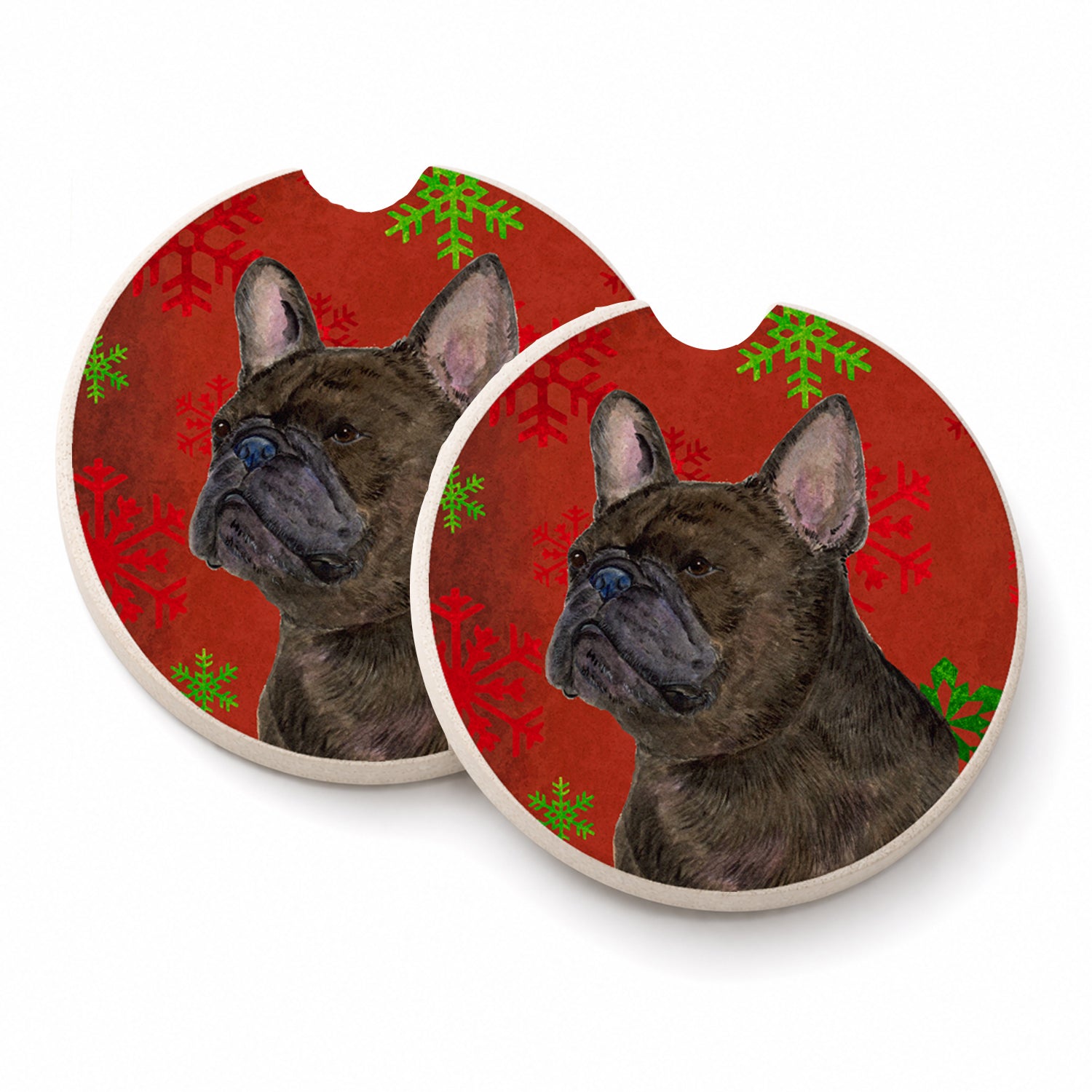 French Bulldog Red and Green Snowflakes Holiday Christmas Set of 2 Cup Holder Car Coasters Absorbent Round Sandstone Coasters Gifts for Men or Women, 2.5, Multicolor