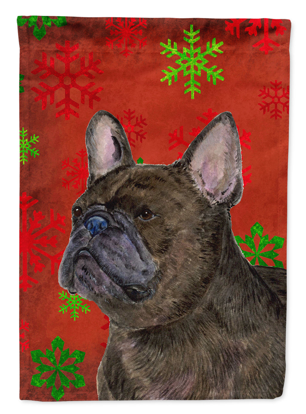 French Bulldog Red and Green Snowflakes Holiday Christmas House Flag 28x40 Porch Sleeve Pole Decorative Outside Yard Banner Artwork Wall Hanging, Polyester
