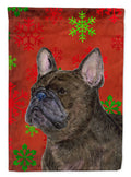 French Bulldog Red and Green Snowflakes Holiday Christmas House Flag 28x40 Porch Sleeve Pole Decorative Outside Yard Banner Artwork Wall Hanging, Polyester
