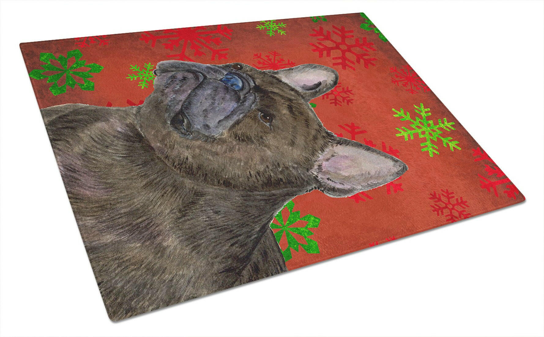 French Bulldog Red and Green Snowflakes Holiday Christmas Cutting Board Tempered Glass Kitchen Cutting Surface, Heat Resistant Chopping, Non-Slip Feet, Food Prep & Serving
