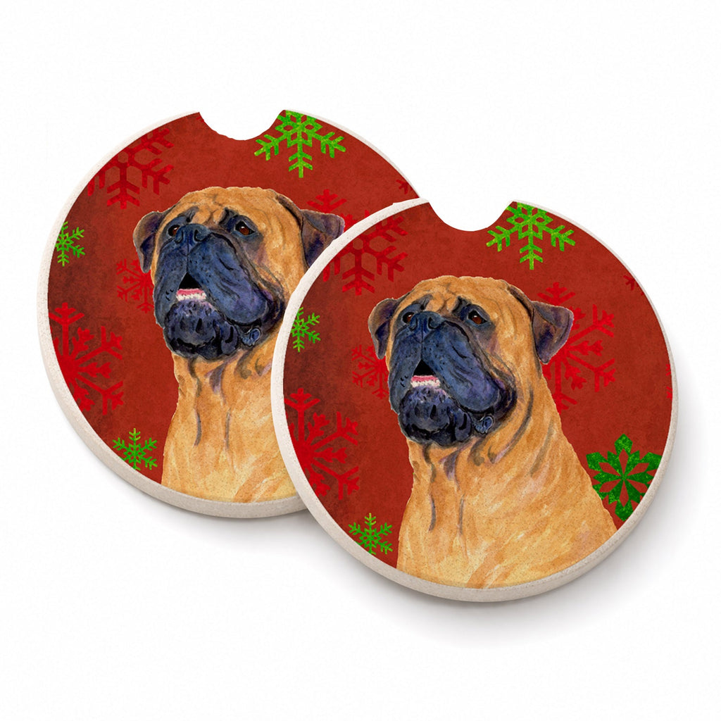 Mastiff Red and Green Snowflakes Holiday Christmas Set of 2 Cup Holder Car Coasters Absorbent Round Sandstone Coasters Gifts for Men or Women, 2.5, Multicolor