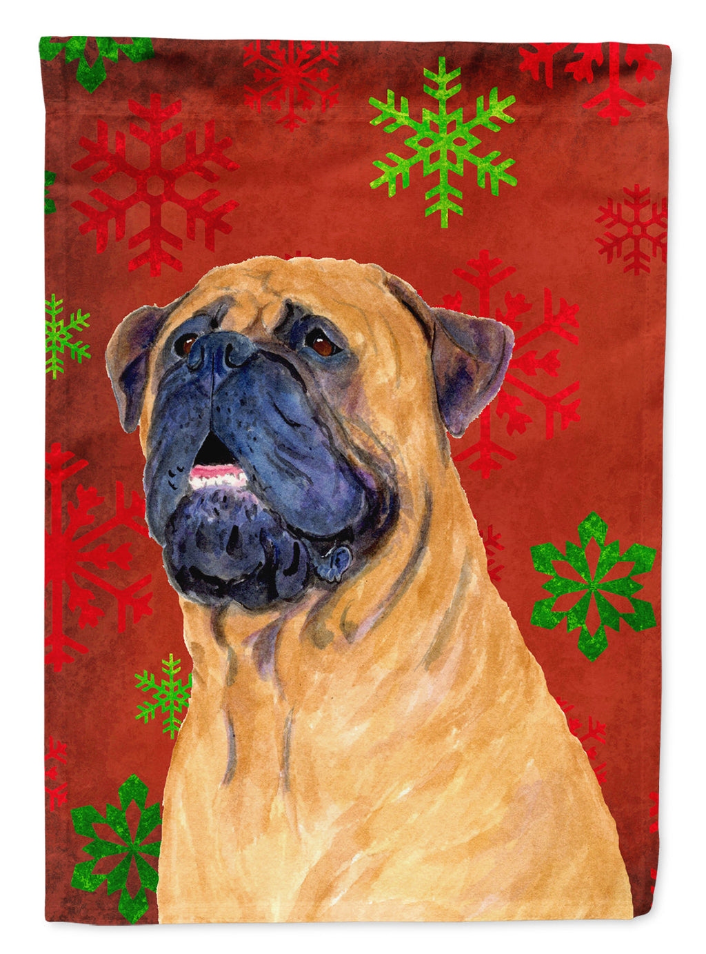 Mastiff Red and Green Snowflakes Holiday Christmas House Flag 28x40 Porch Sleeve Pole Decorative Outside Yard Banner Artwork Wall Hanging, Polyester