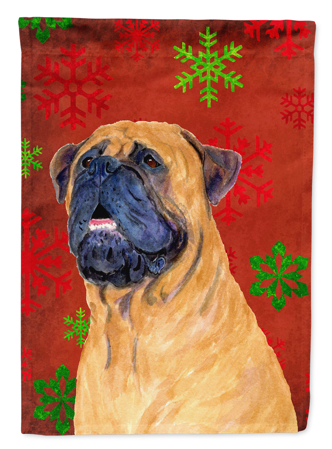 Mastiff Red and Green Snowflakes Holiday Christmas House Flag 28x40 Porch Sleeve Pole Decorative Outside Yard Banner Artwork Wall Hanging, Polyester