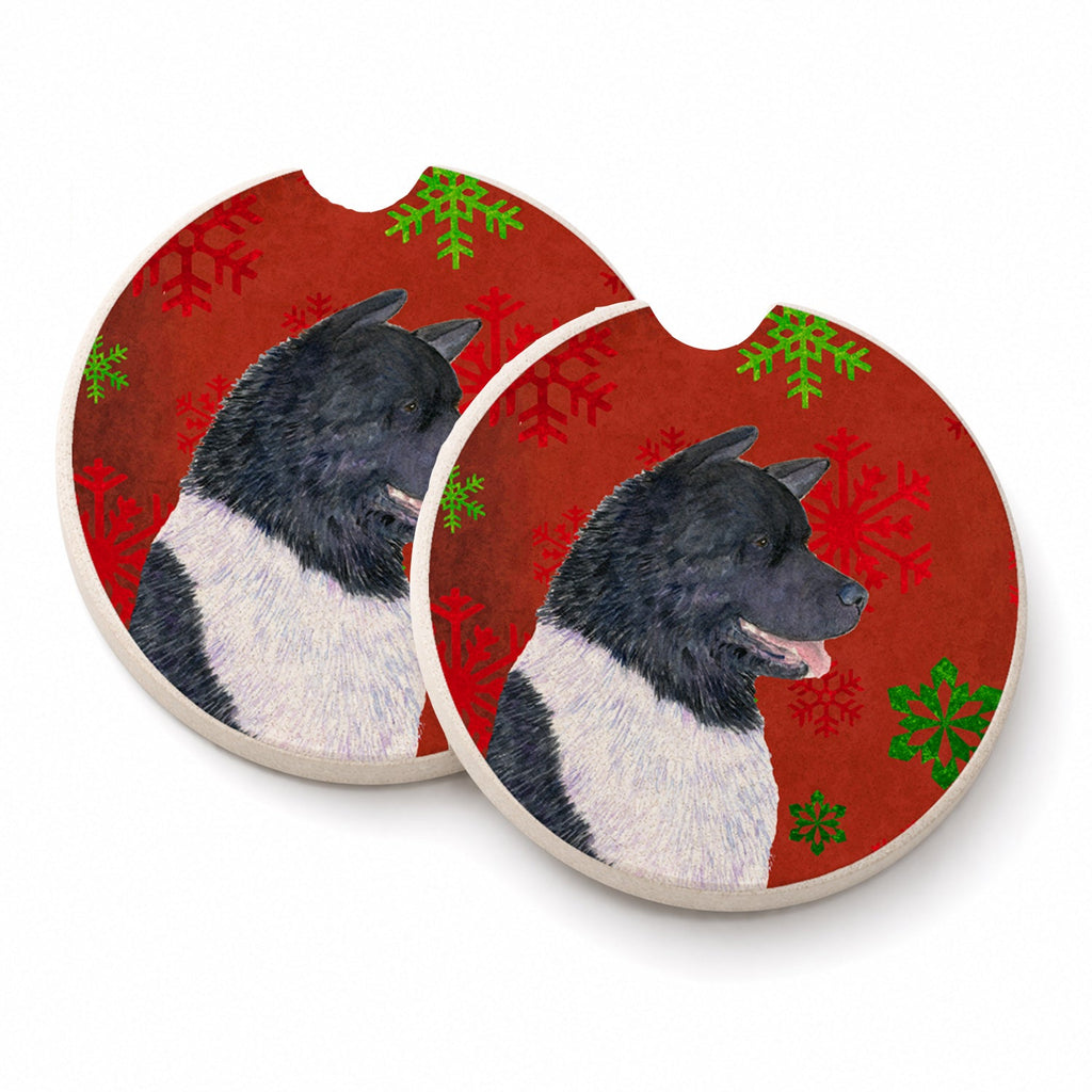 Akita Red and Green Snowflakes Holiday Christmas Set of 2 Cup Holder Car Coasters Absorbent Round Sandstone Coasters Gifts for Men or Women, 2.5, Multicolor
