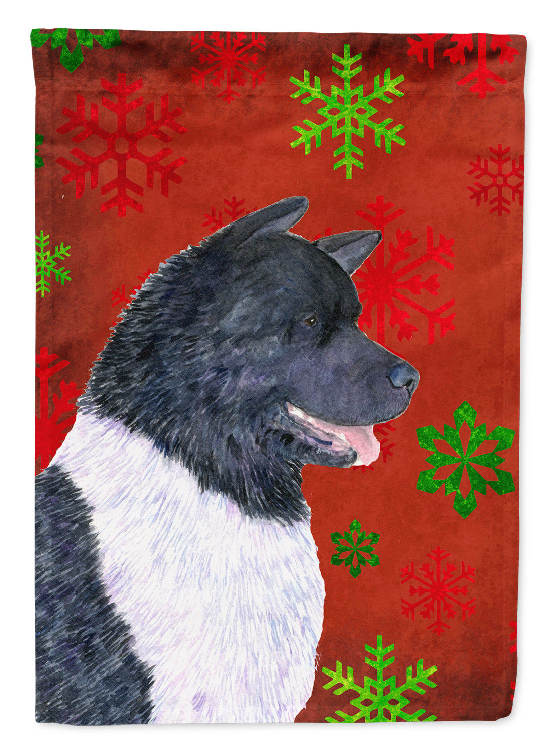 Akita Red and Green Snowflakes Holiday Christmas House Flag 28x40 Porch Sleeve Pole Decorative Outside Yard Banner Artwork Wall Hanging, Polyester
