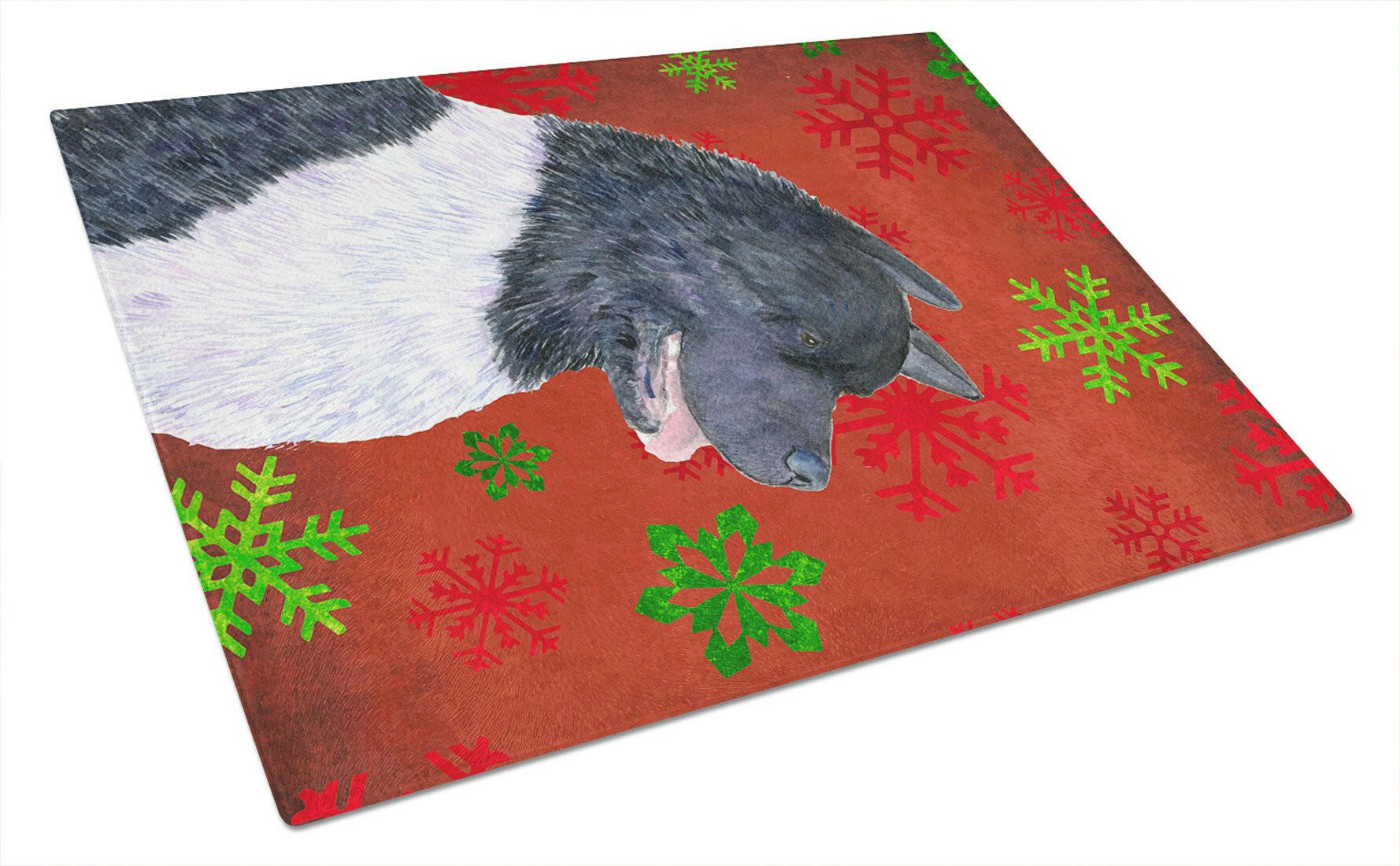Akita Red and Green Snowflakes Holiday Christmas Cutting Board Tempered Glass Kitchen Cutting Surface, Heat Resistant Chopping, Non-Slip Feet, Food Prep & Serving