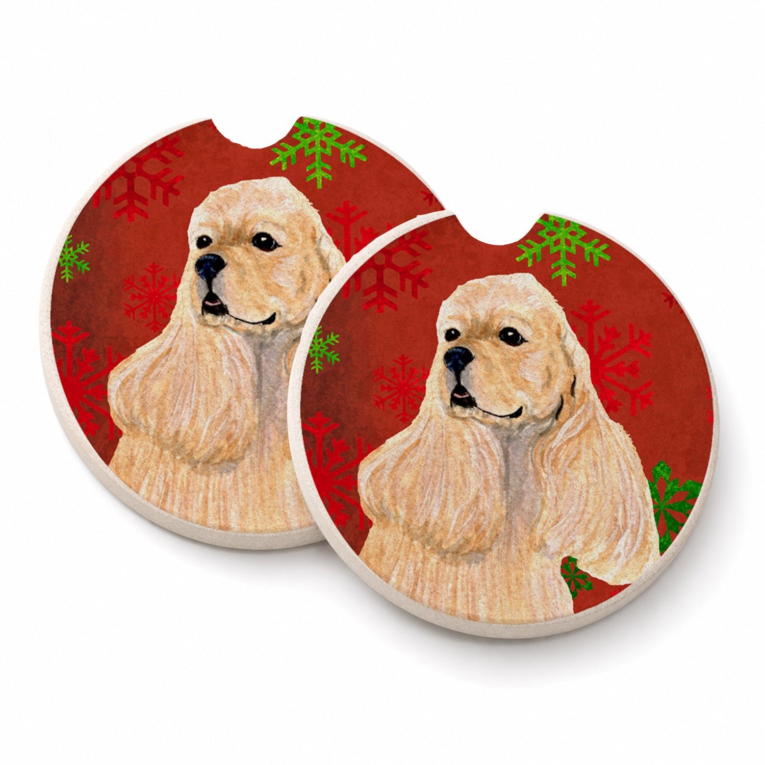 Buff Cocker Spaniel Red Green Snowflakes Christmas Set of 2 Cup Holder Car Coasters Absorbent Round Sandstone Coasters Gifts for Men or Women, 2.5, Multicolor