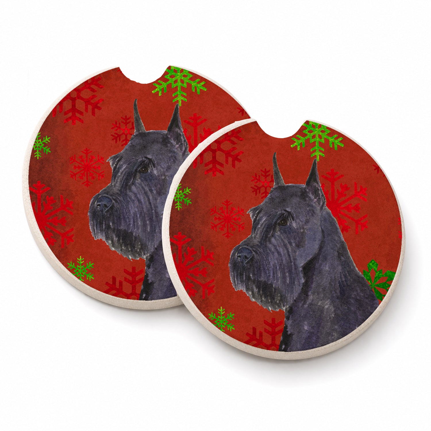 Schnauzer Red and Green Snowflakes Holiday Christmas Set of 2 Cup Holder Car Coasters Absorbent Round Sandstone Coasters Gifts for Men or Women, 2.5, Multicolor
