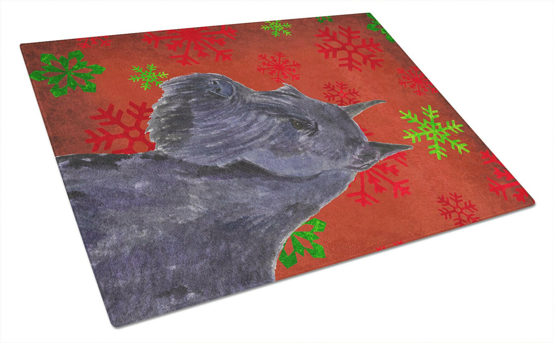 Schnauzer Red and Green Snowflakes Holiday Christmas Cutting Board Tempered Glass Kitchen Cutting Surface, Heat Resistant Chopping, Non-Slip Feet, Food Prep & Serving