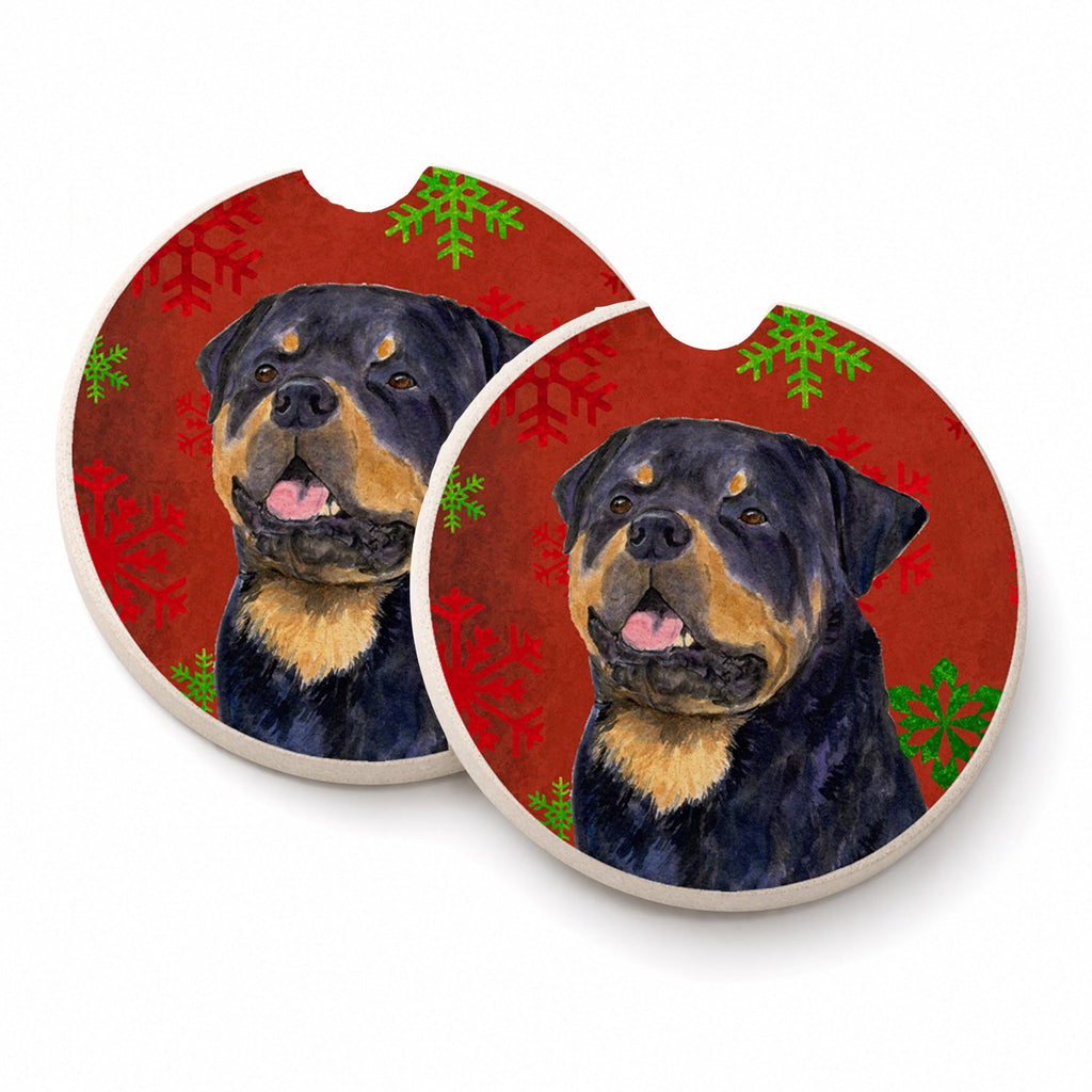 Rottweiler Red and Green Snowflakes Holiday Christmas Set of 2 Cup Holder Car Coasters Absorbent Round Sandstone Coasters Gifts for Men or Women, 2.5, Multicolor