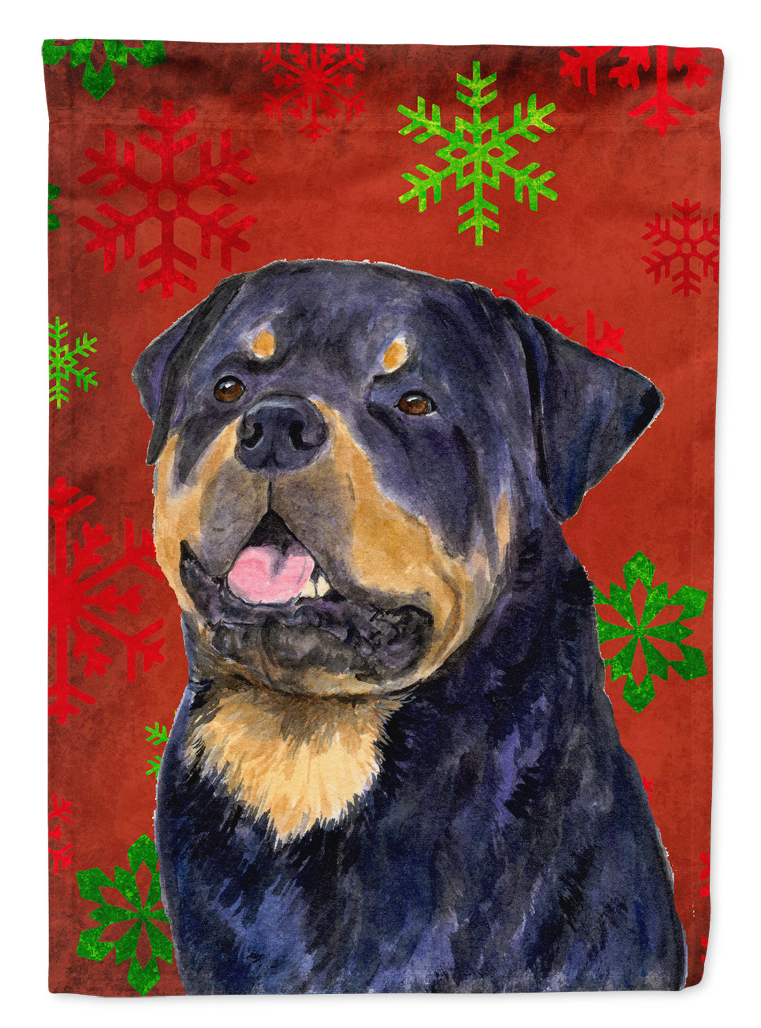 Rottweiler Red and Green Snowflakes Holiday Christmas House Flag 28x40 Porch Sleeve Pole Decorative Outside Yard Banner Artwork Wall Hanging, Polyester