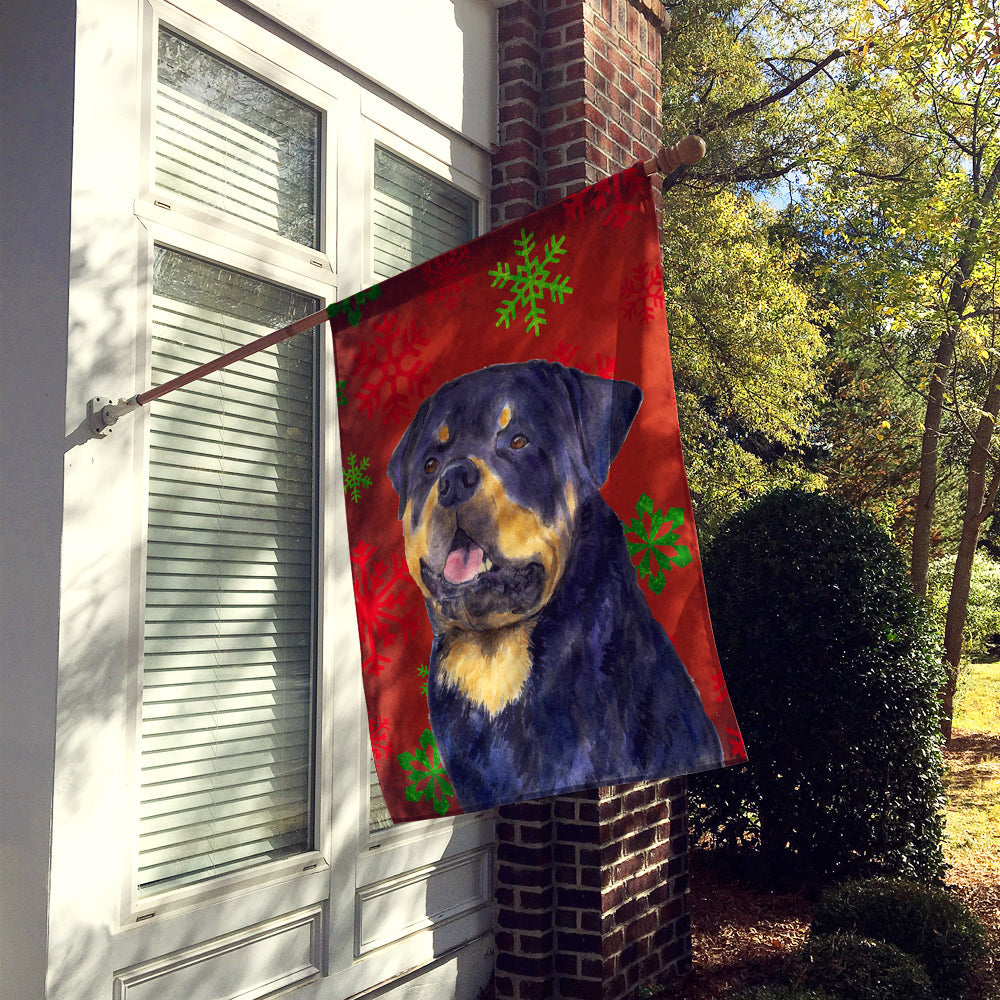 Rottweiler Red and Green Snowflakes Holiday Christmas House Flag 28x40 Porch Sleeve Pole Decorative Outside Yard Banner Artwork Wall Hanging, Polyester