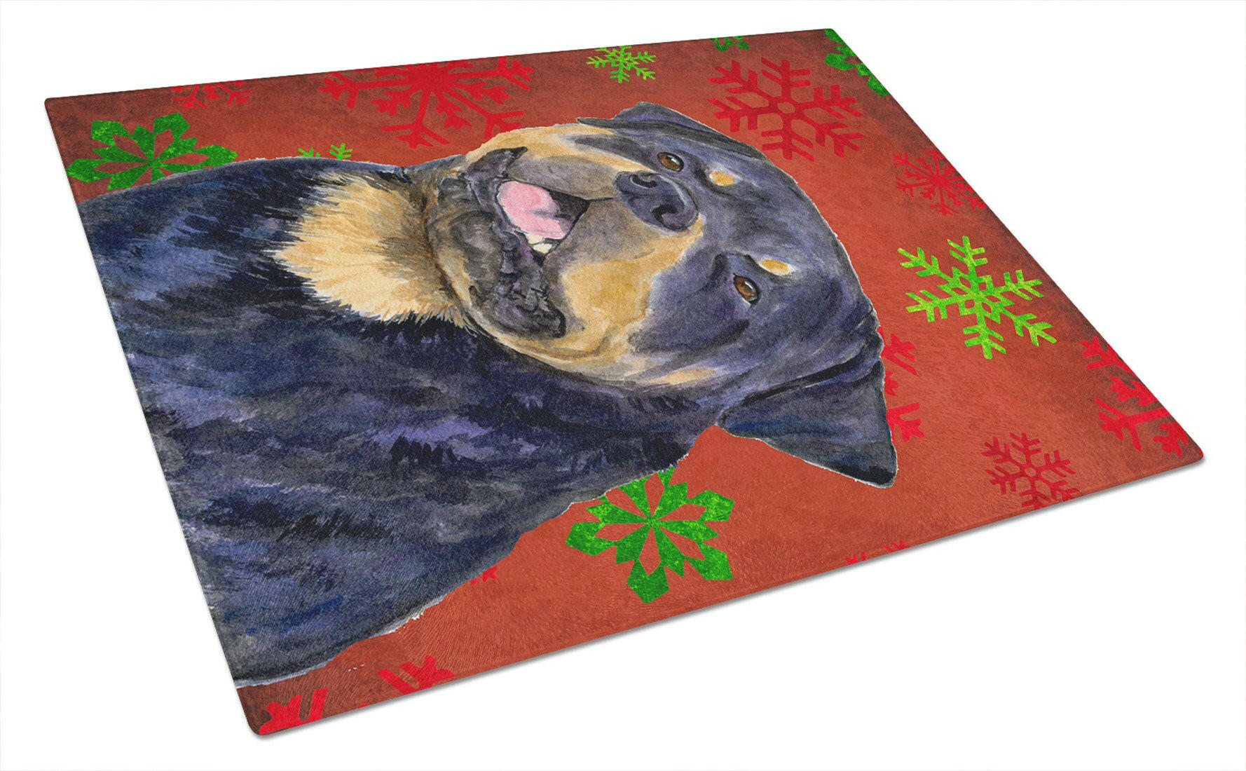 Rottweiler Red and Green Snowflakes Holiday Christmas Cutting Board Tempered Glass Kitchen Cutting Surface, Heat Resistant Chopping, Non-Slip Feet, Food Prep & Serving