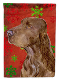 Field Spaniel Red and Green Snowflakes Holiday Christmas House Flag 28x40 Porch Sleeve Pole Decorative Outside Yard Banner Artwork Wall Hanging, Polyester