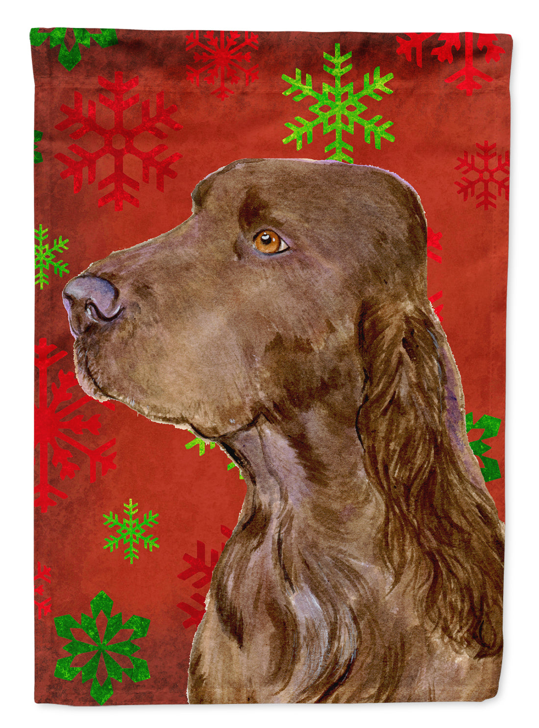 Field Spaniel Red and Green Snowflakes Holiday Christmas House Flag 28x40 Porch Sleeve Pole Decorative Outside Yard Banner Artwork Wall Hanging, Polyester