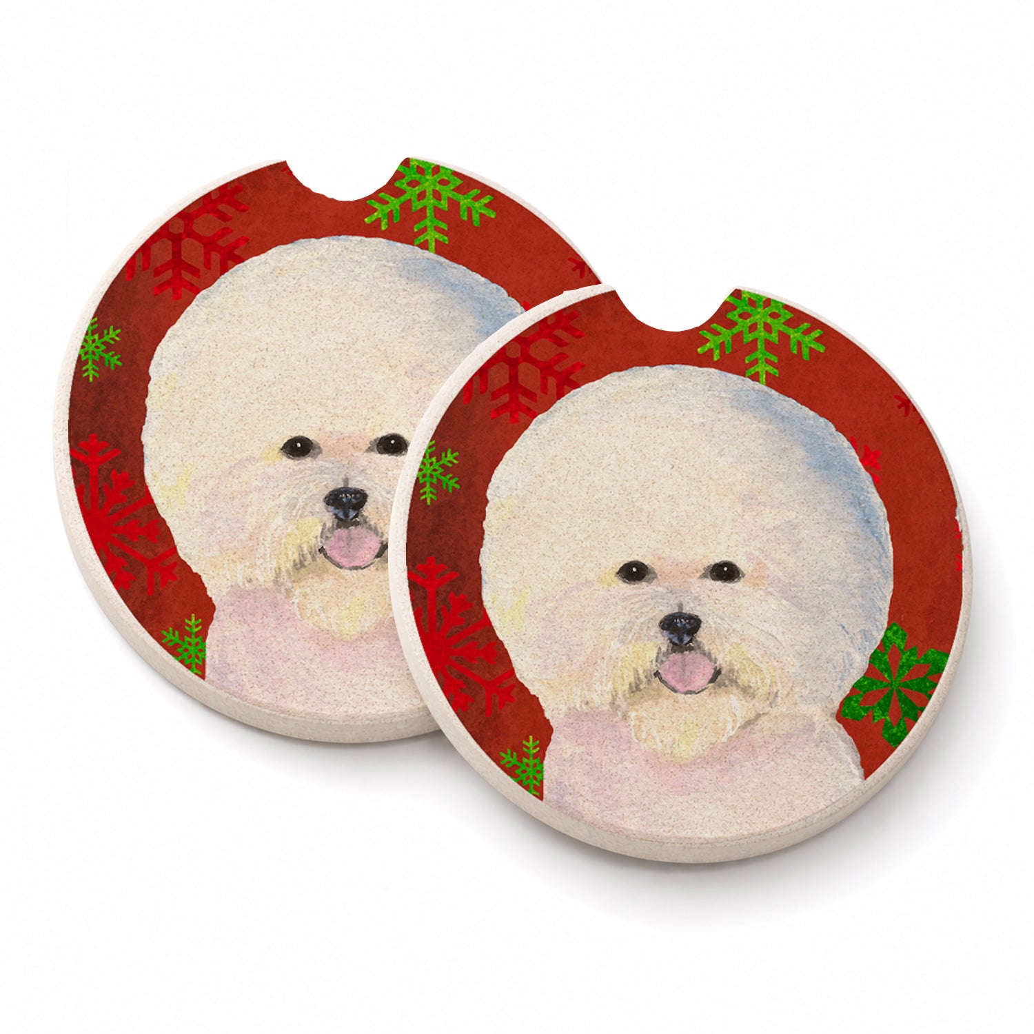 Bichon Frise Red and Green Snowflakes Holiday Christmas Set of 2 Cup Holder Car Coasters Absorbent Round Sandstone Coasters Gifts for Men or Women, 2.5, Multicolor