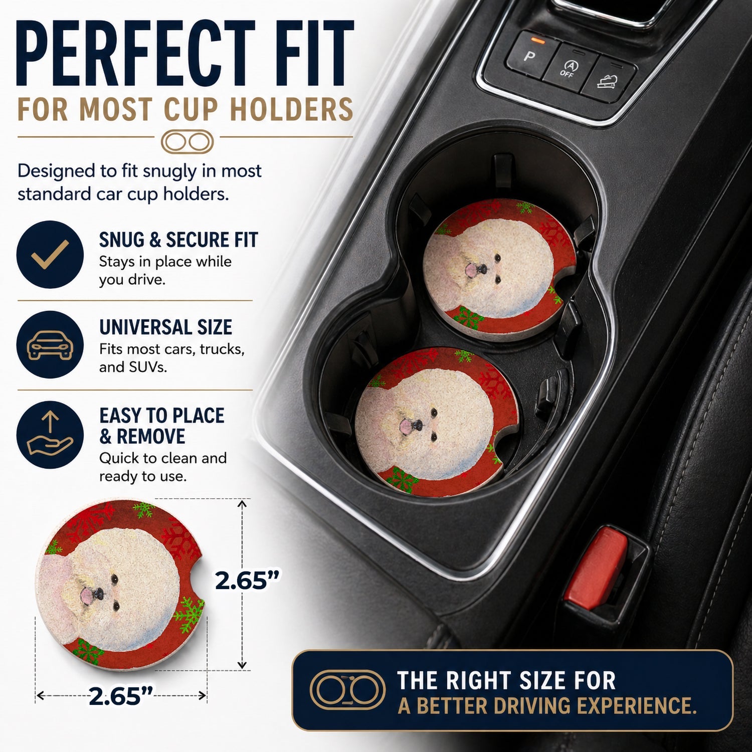 Bichon Frise Red and Green Snowflakes Holiday Christmas Set of 2 Cup Holder Car Coasters Absorbent Round Sandstone Coasters Gifts for Men or Women, 2.5, Multicolor